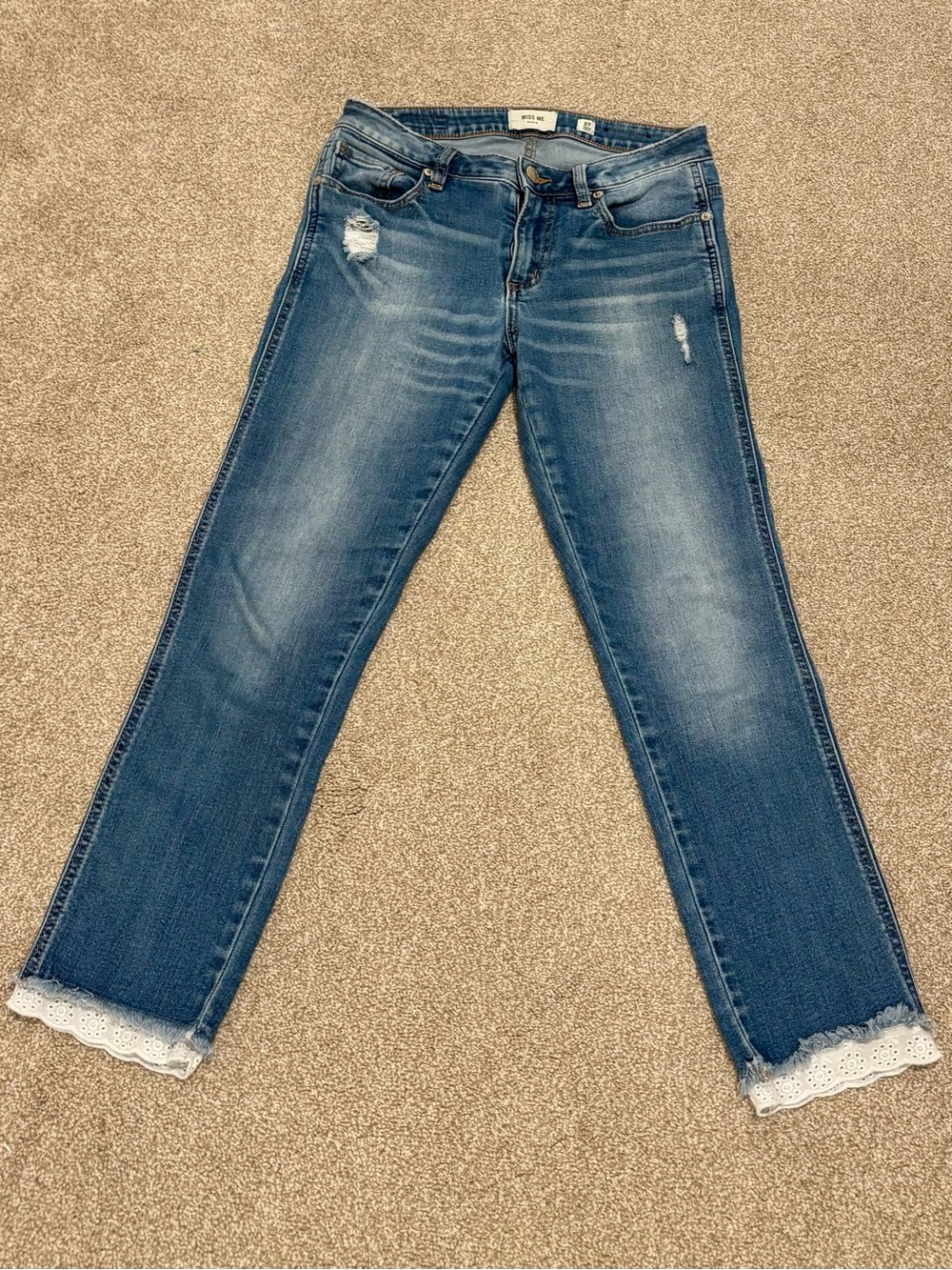 Miss Me - Women’s Blue Distressed Jeans with Lace Trim - Size 27